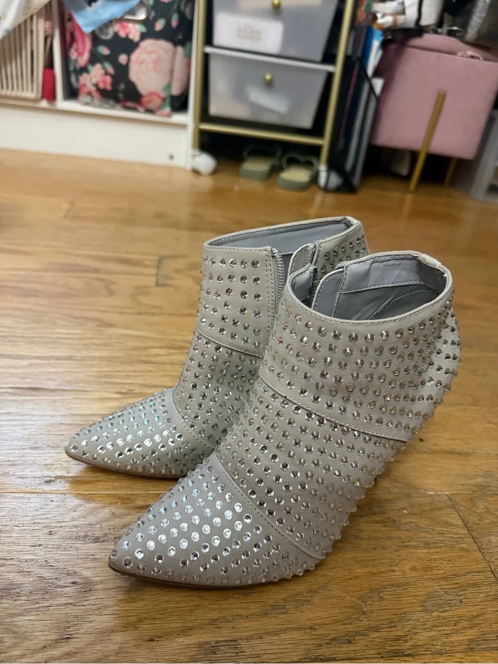 Steve Madden Light Gray Crystal-Embellished Pointed Ankle Booties